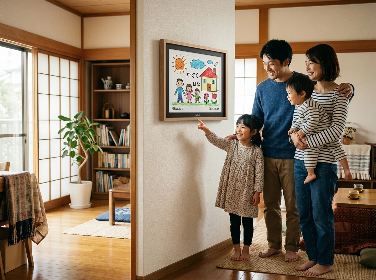 家族が壁のアートフレームを眺める日本の住まいのイメージ
