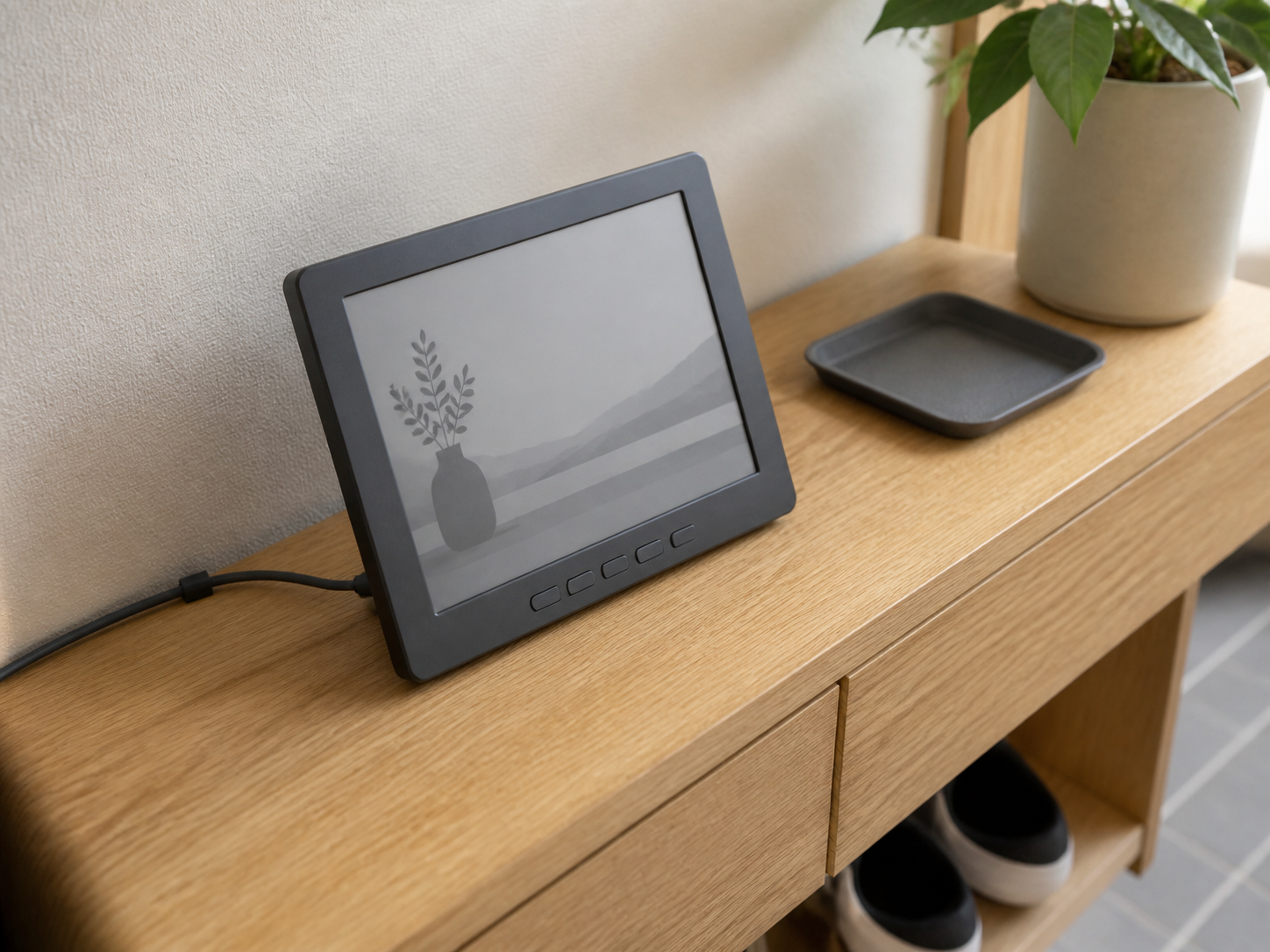 E Ink表示端末を棚へ置き、背面からUSB-Cケーブルを逃がす給電イメージ