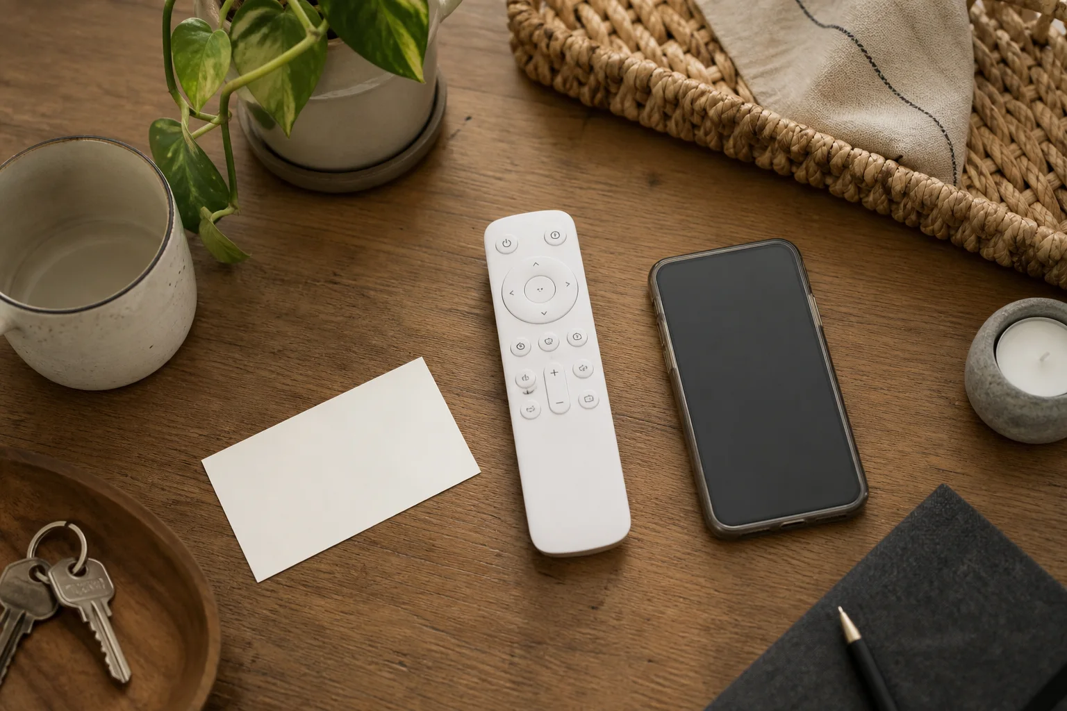物理ボタンとスマートフォンを購入前に並べて考えるデスク