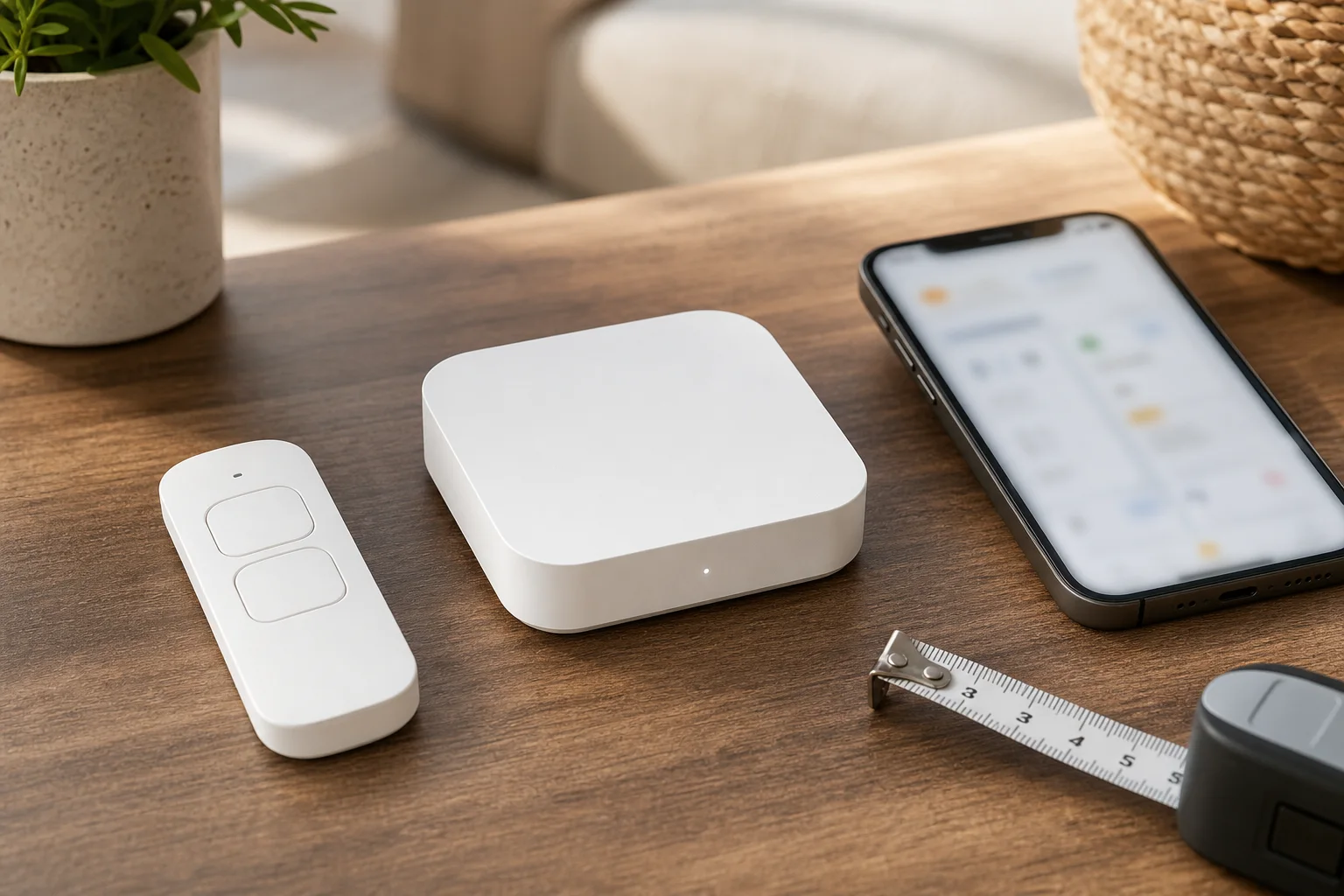 物理ボタン、スマートフォン、家の操作を記したメモを見比べる場面