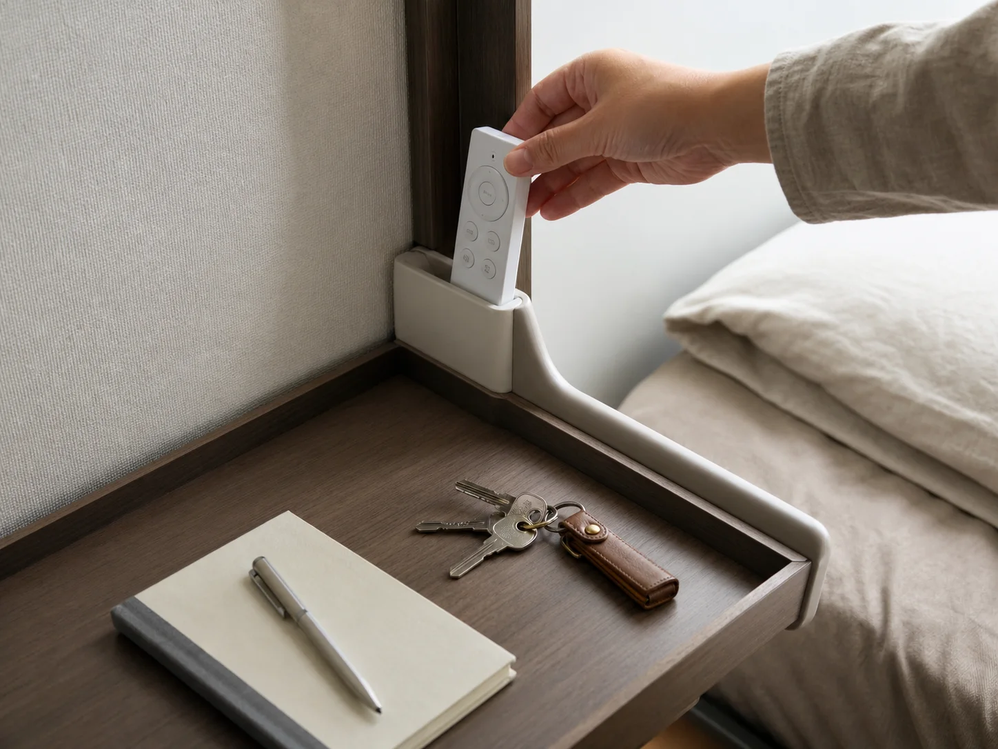 ベッド脇に置く小さな物理ボタンの位置を手で確かめる場面