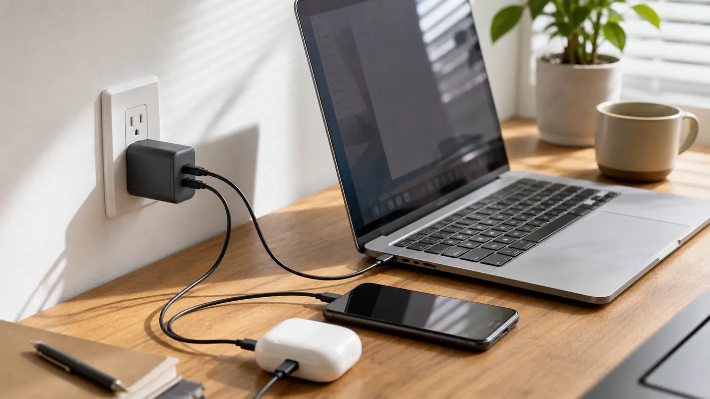 USB-C充電器でノートPCとスマホを同時に充電するデスク