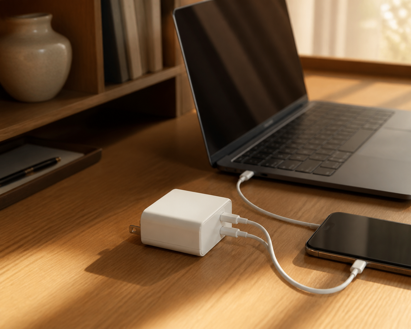 小さな壁挿し型USB-C充電器からノートPCとスマートフォンへケーブルを伸ばした机