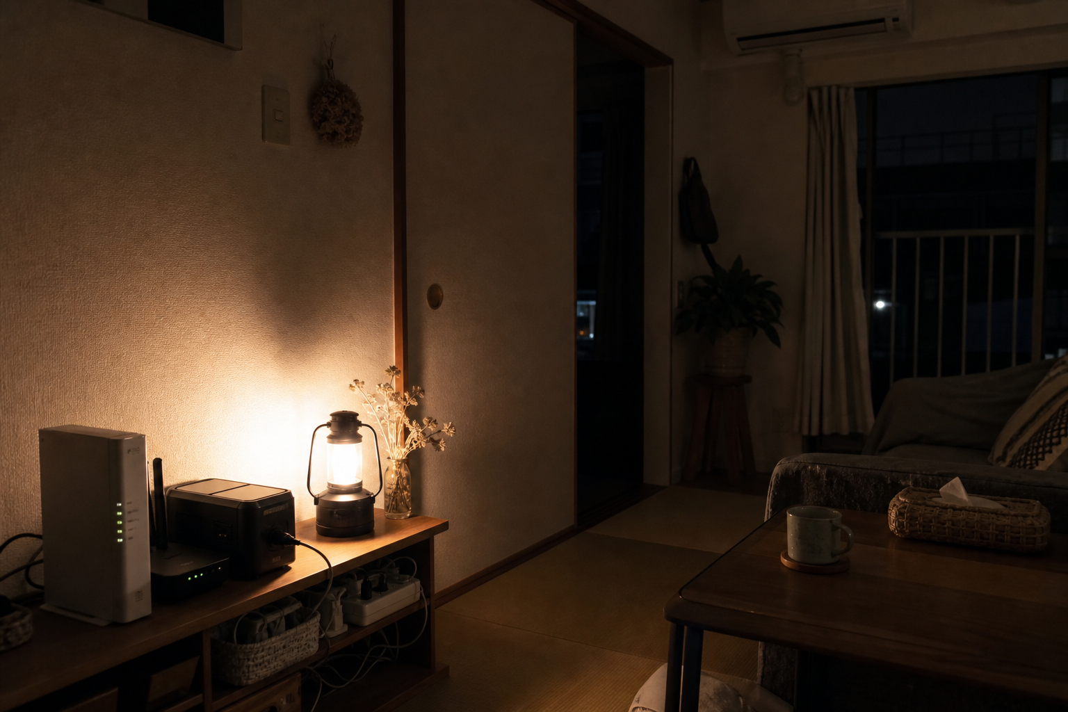 停電した日本の住まいでONUとWi-Fiルーターを小型電源が支える様子