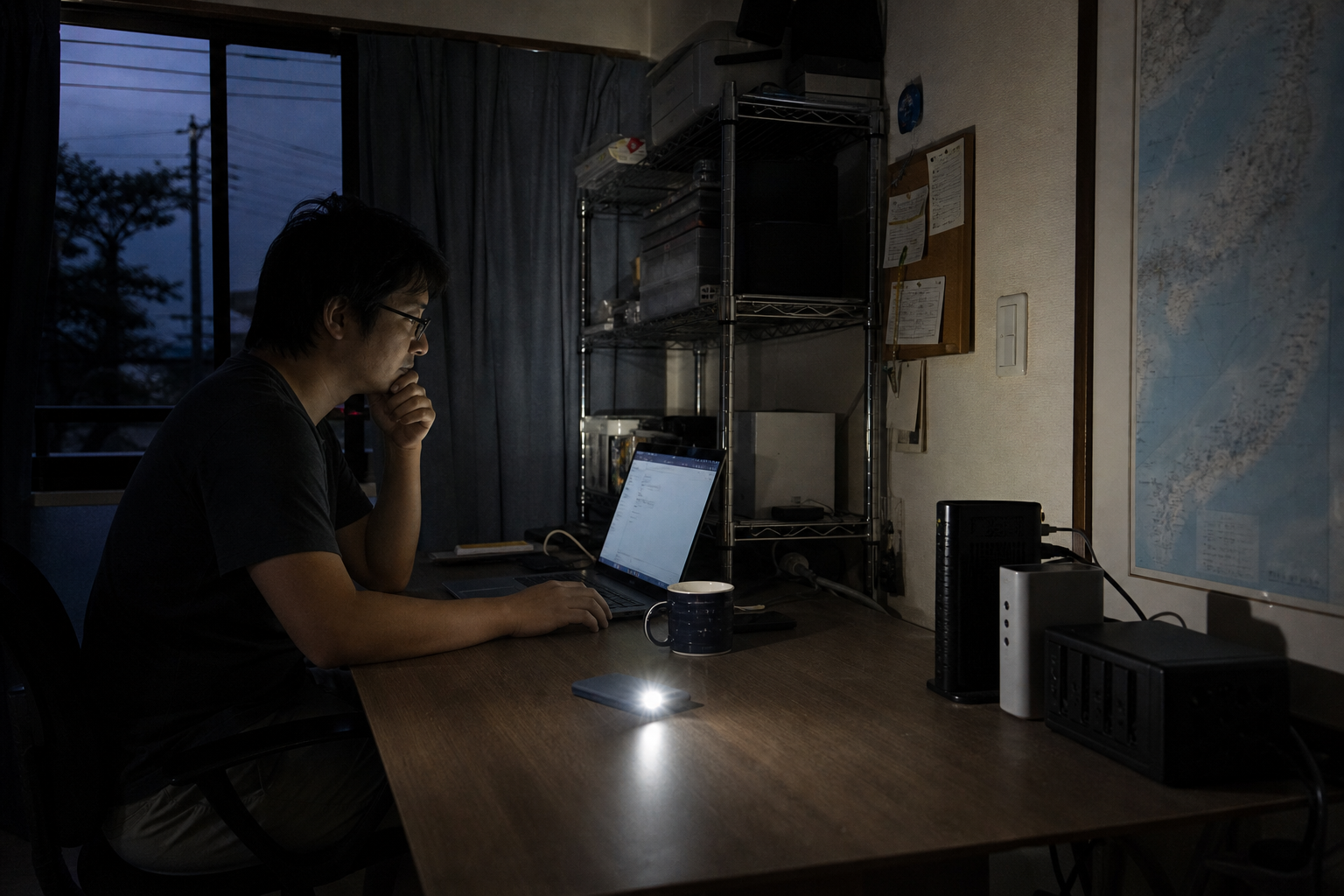 停電した部屋で通信機器とポータブル電源を確認する場面