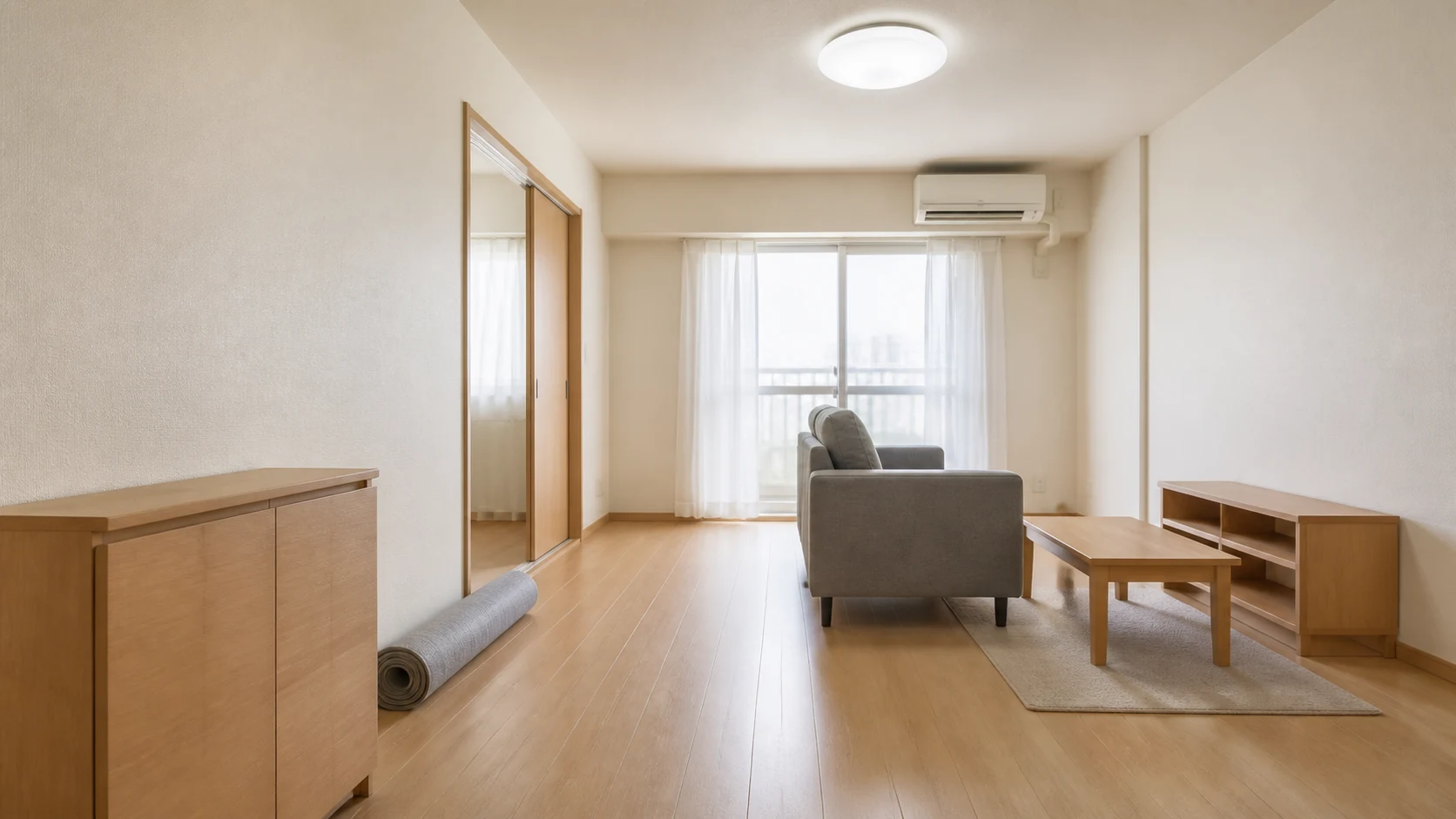 家具の配置を変える予定の賃貸の部屋で、間接照明を買う前に壁と床の余白を見渡す室内写真