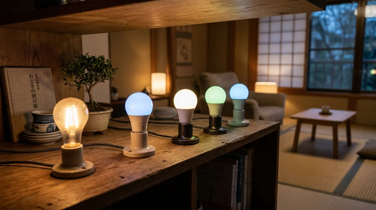 2026年おすすめスマート電球5製品。カラー発光するスマート電球が並んだモダンなリビングのイメージ