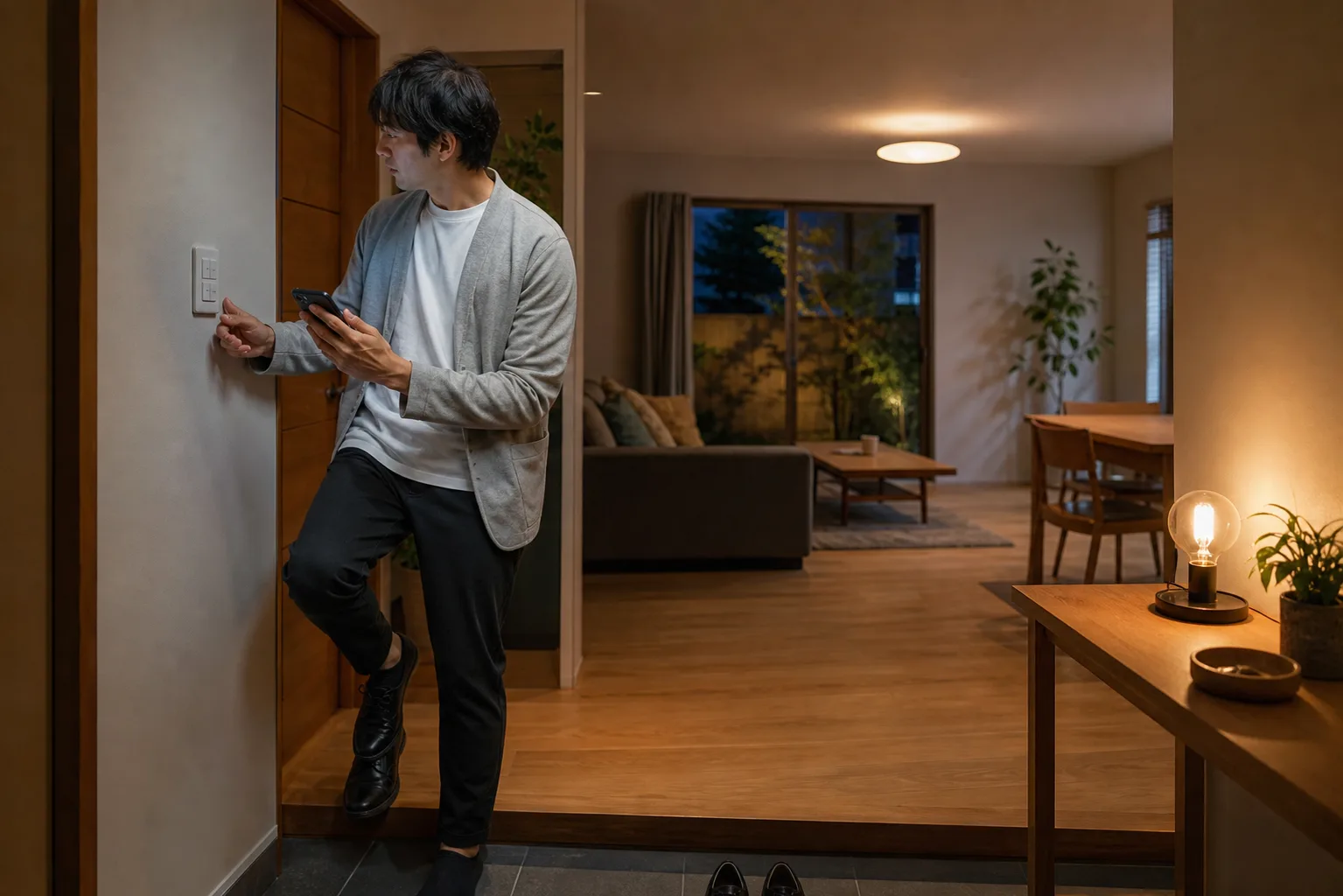 日本のリビングで壁スイッチ、後付け操作機器、E26電球の選び方を考える照明スマート化のイメージ