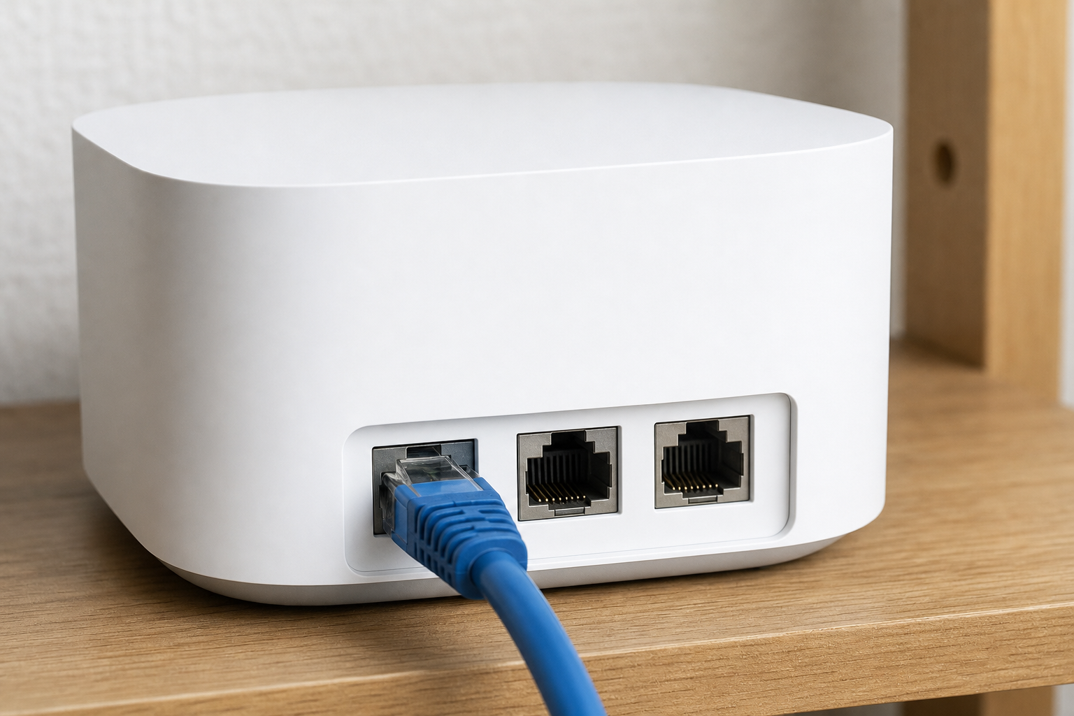 白いメッシュWi-Fiノードの背面にある3個のLANポートとケーブルのイメージ