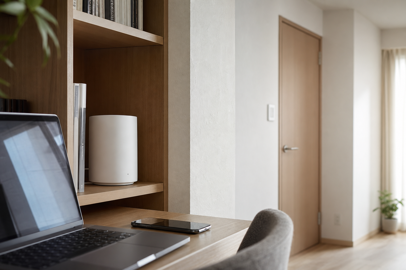 仕事机の近くのメッシュWi-Fiと、離れた部屋の壁を写したイメージ