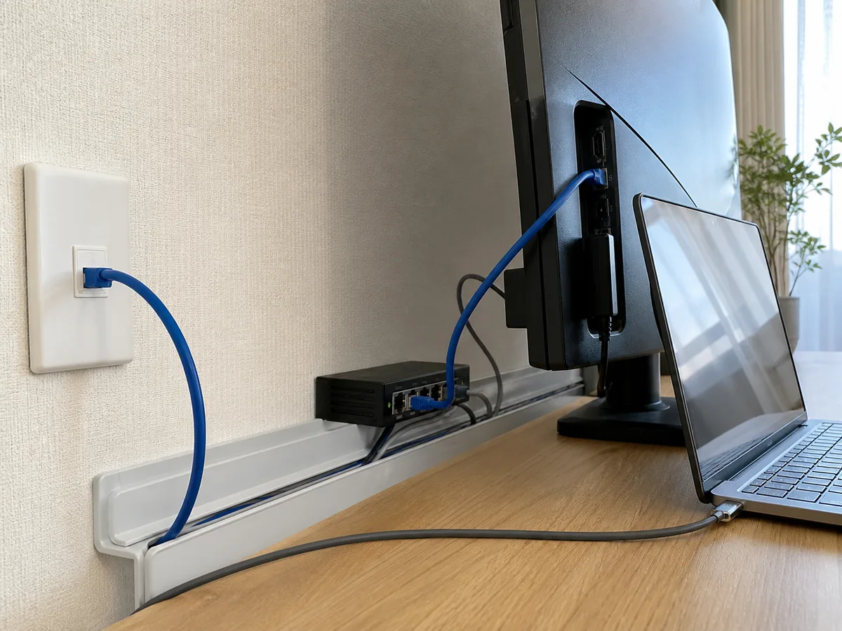 モニターの背面へ有線LANを配線し、ノートPCと一台の画面をつなぐ机