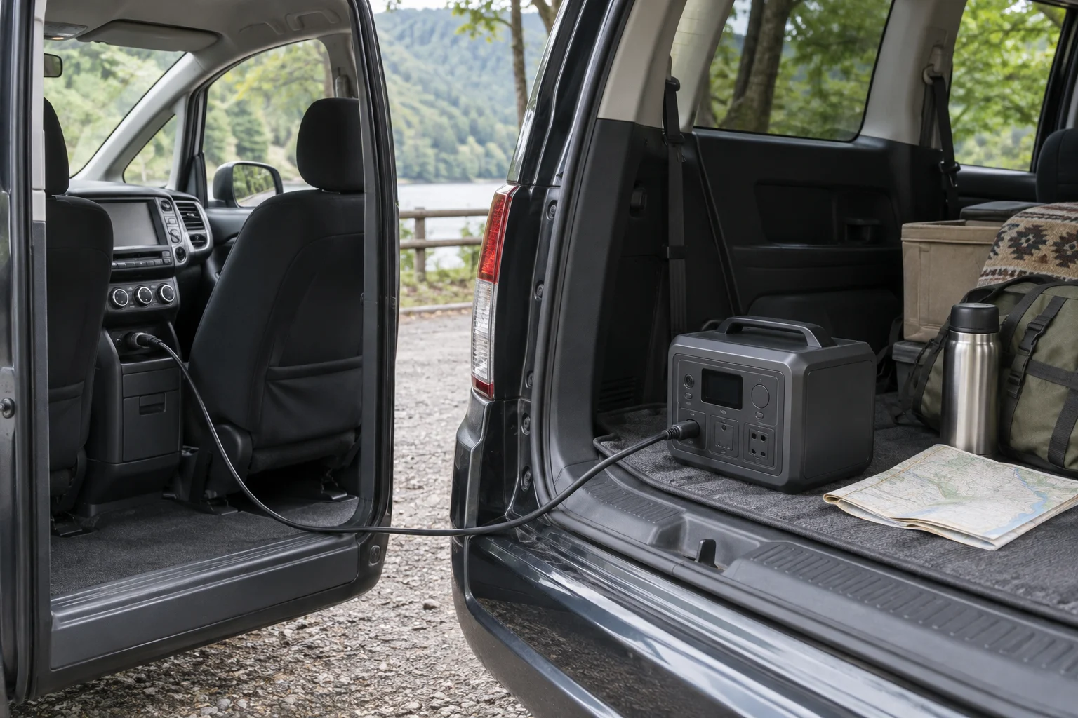 車のアクセサリーソケットからポータブル電源へケーブルを伸ばし、荷室で充電する車中泊の場面