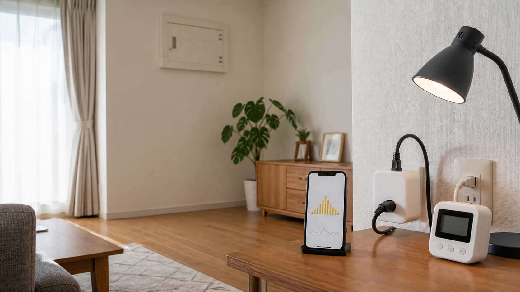 日本のリビングでスマートプラグ、ワットチェッカー、電気使用量の表示を比べる様子