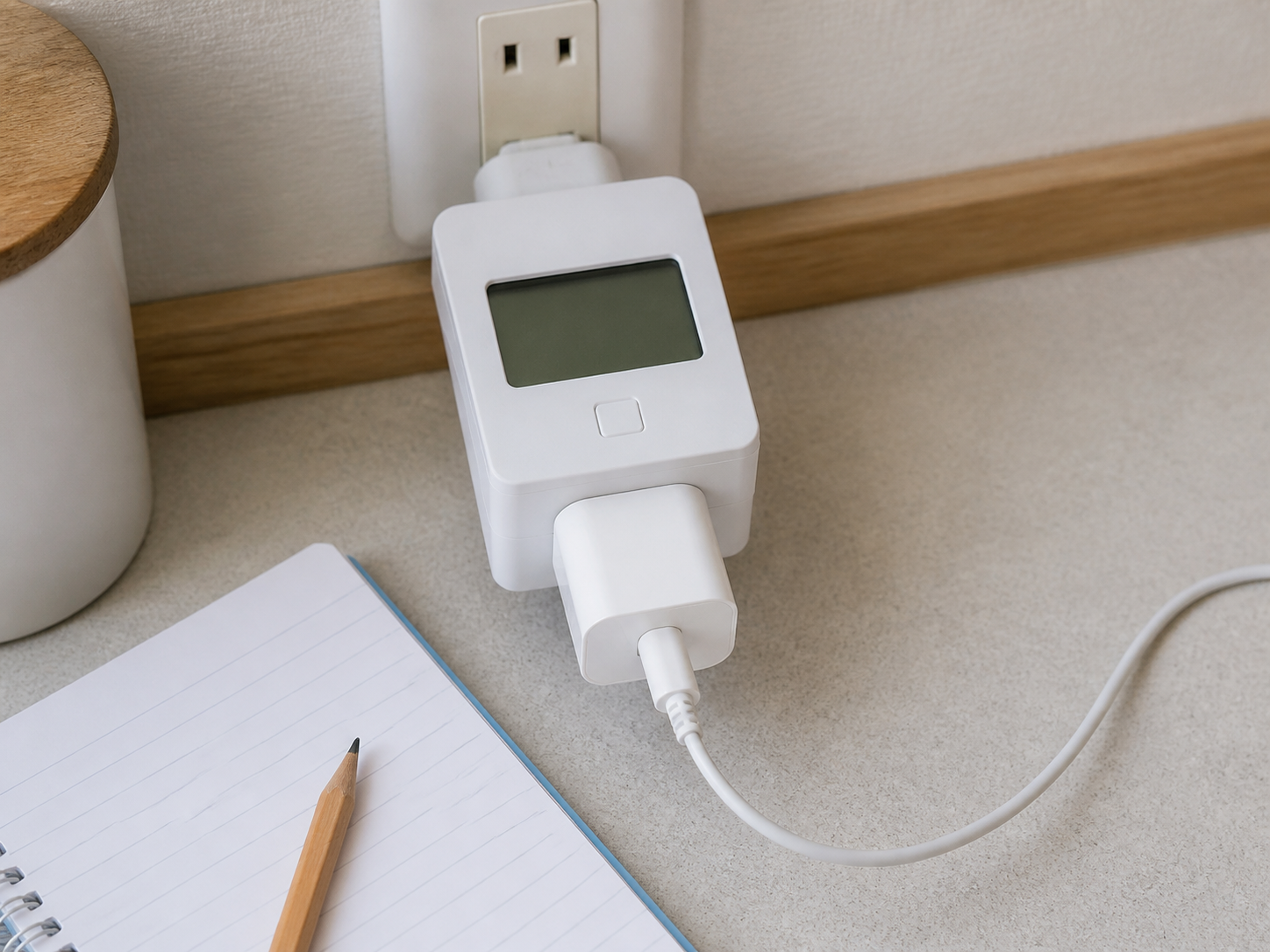 コンセント式ワットチェッカーで充電器を一度測るイメージ