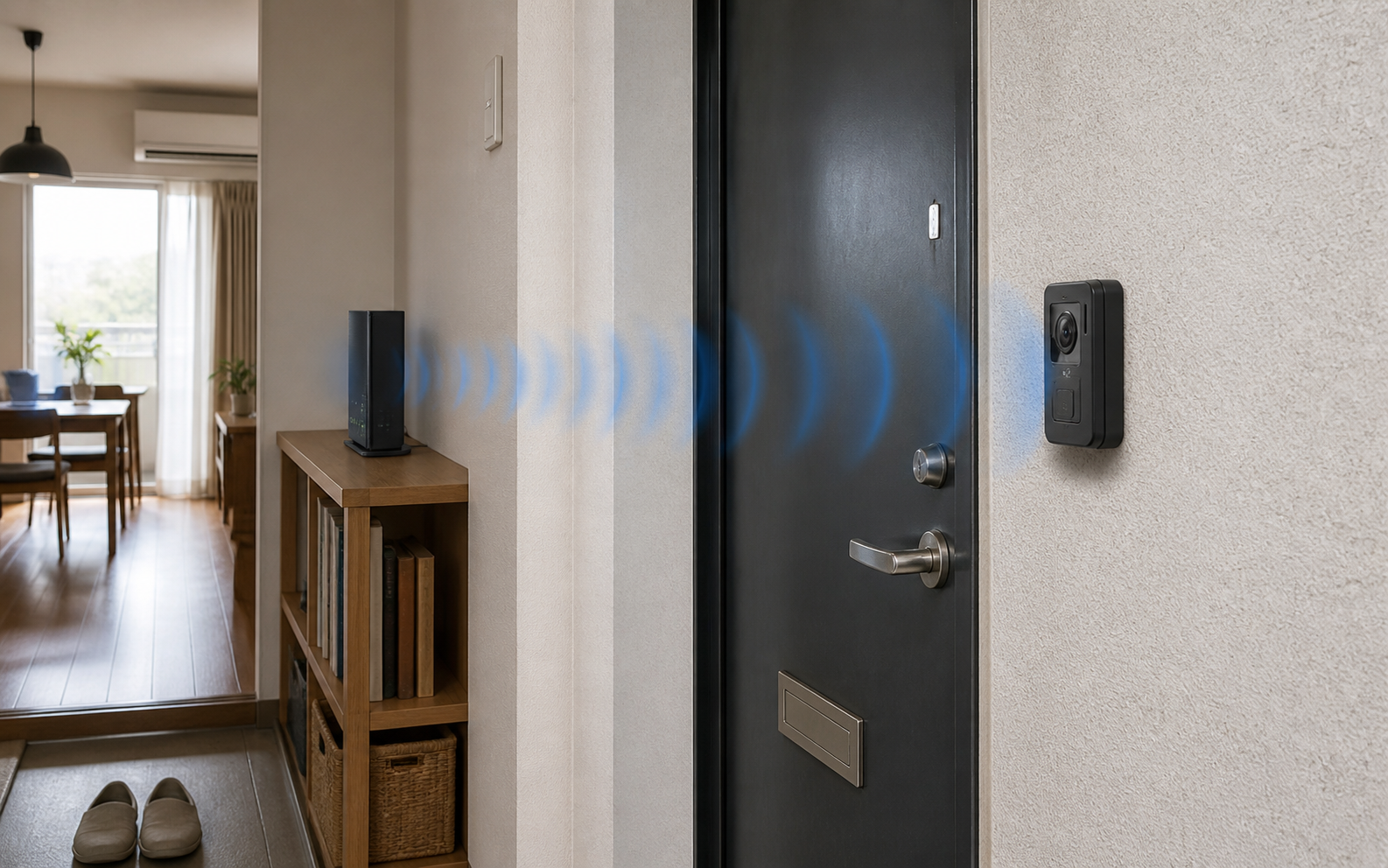 室内のWi-Fiルーターから玄関外のRing Battery Doorbellまでの距離を確認するイメージ