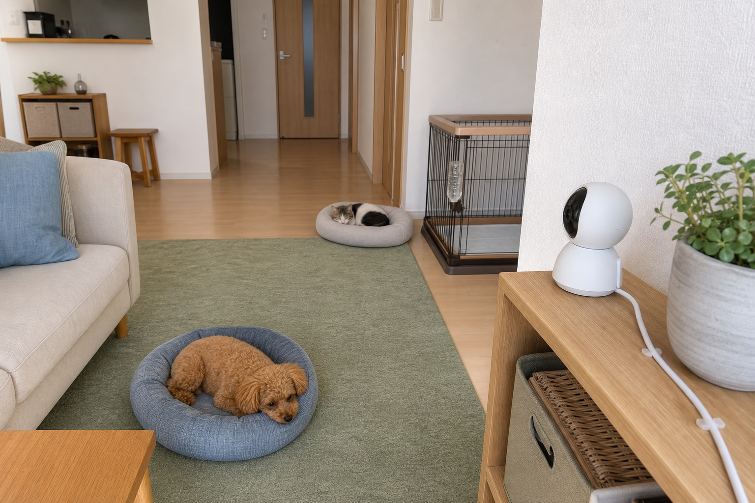 玄関、窓、カメラの死角と電源を測る様子