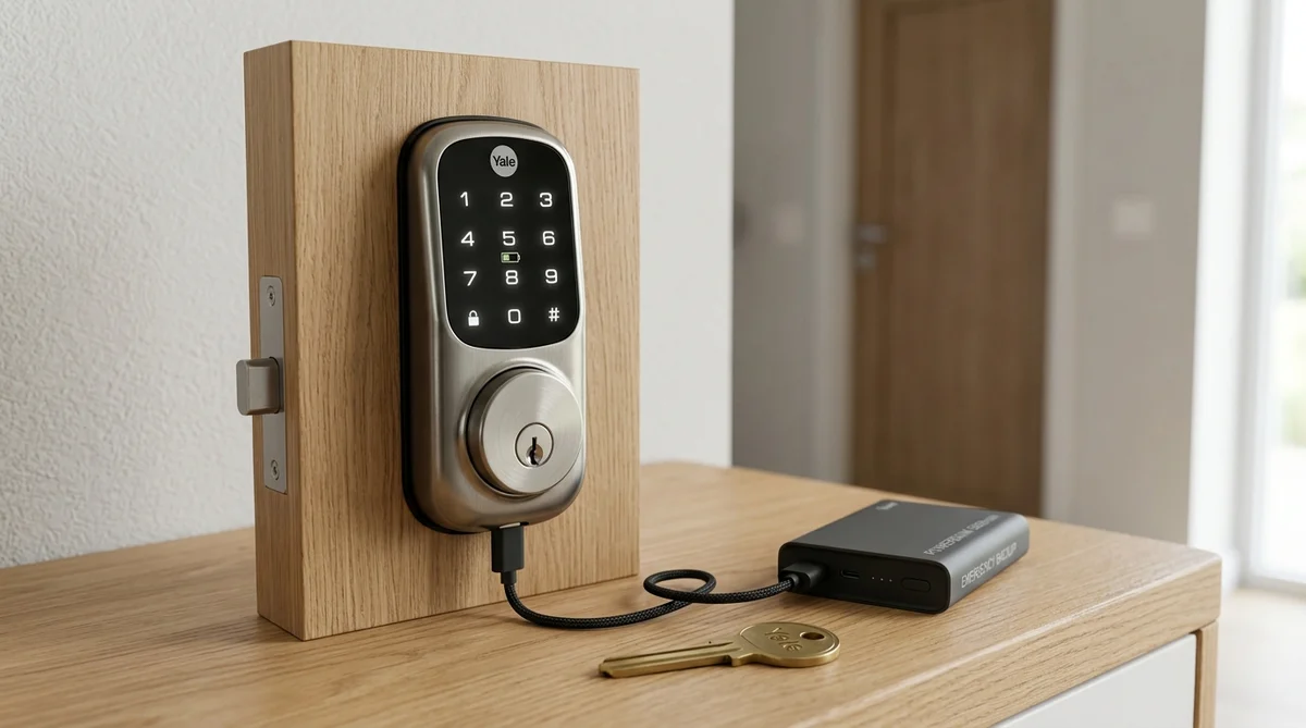 スマートロックの非常用解錠手段を確認する玄関イメージ