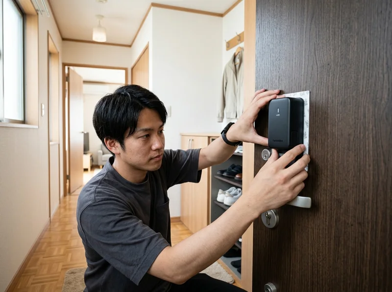 SwitchBotロックUltraを玄関に取り付ける作業イメージ