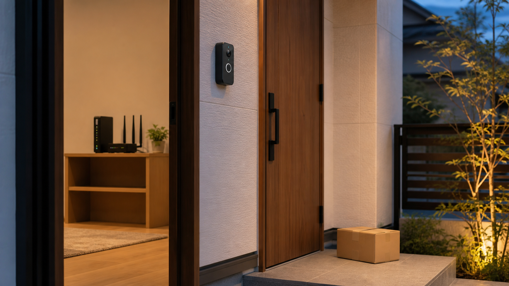 置き配の荷物を確認する玄関と室内のネットワーク機器を比べるイメージ