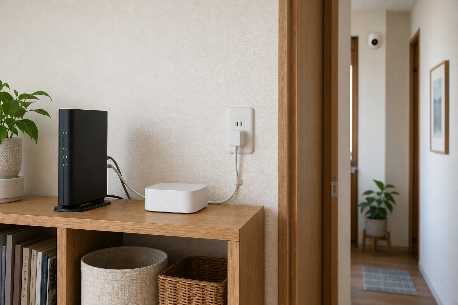 ルーターとハブを棚に置き、廊下のカメラへ配線する家庭内ネットワーク