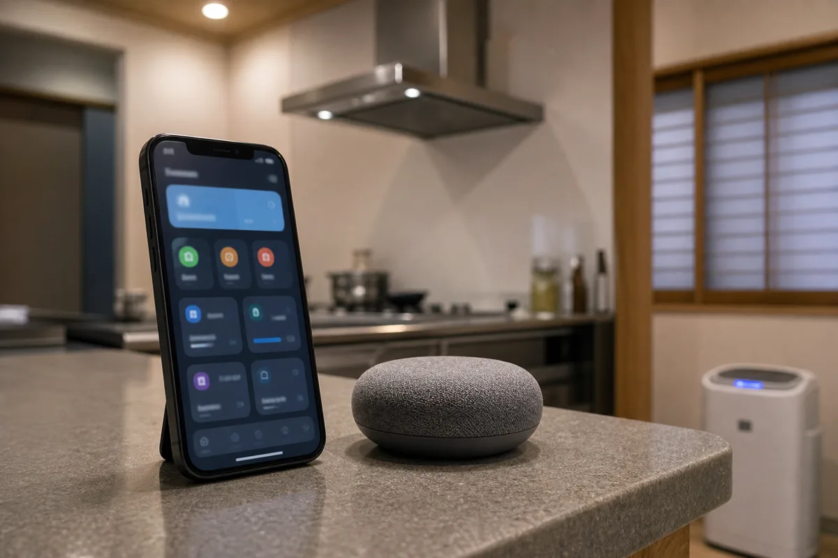 Apple Homeの画面で空気質モニターのPM2.5と温湿度を確認するイメージ