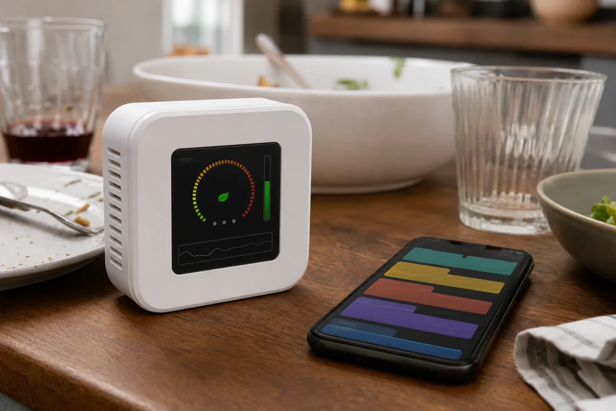 PM2.5やPM10、CO2、温度、湿度を一つずつ確認する空気質モニター