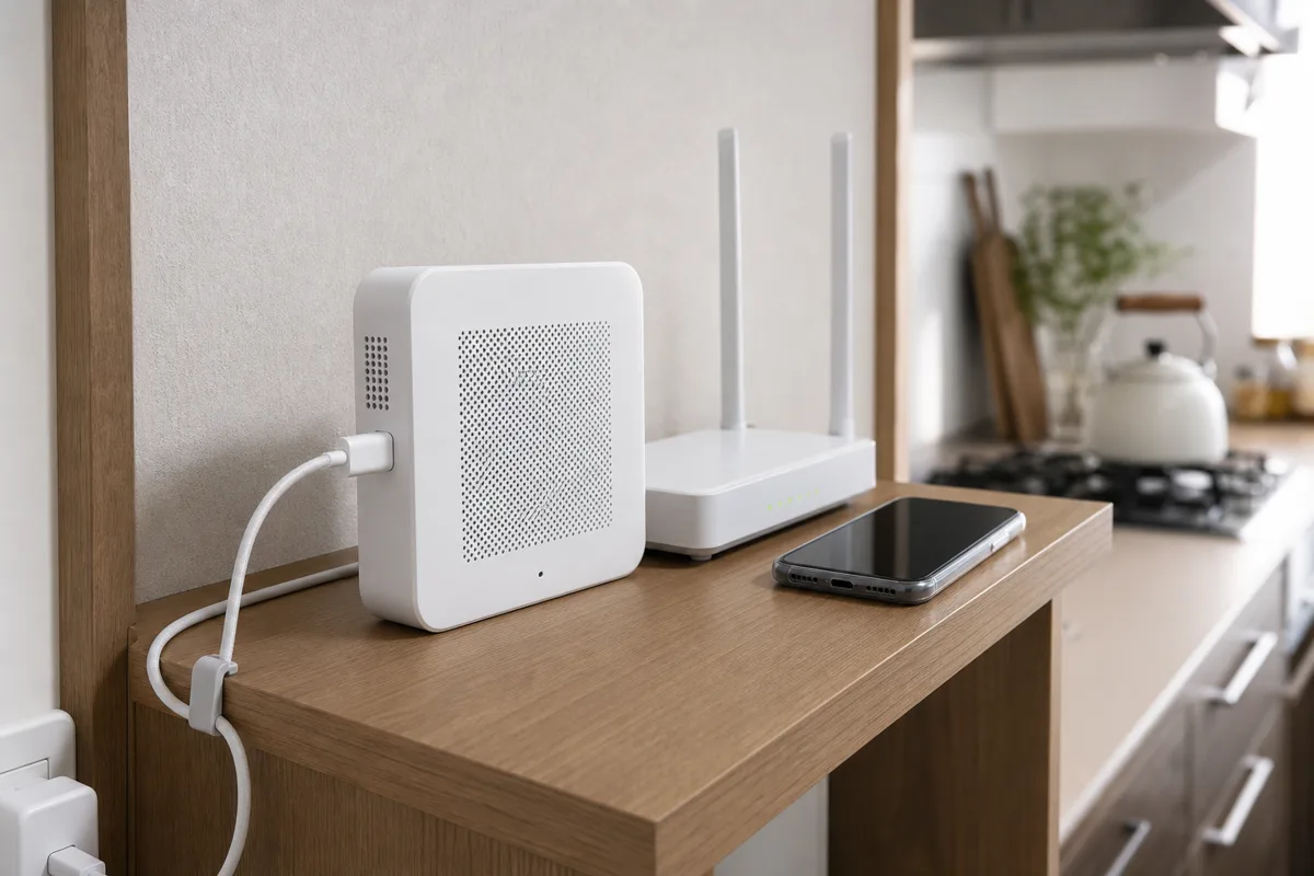 USB-CケーブルにつないだQingping Air Monitor Liteと2.4GHz Wi-Fiを確認するスマートフォン