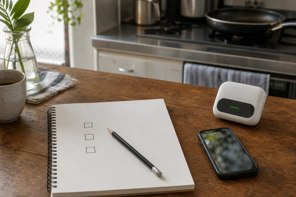 料理前から片付け後までの時刻をノートとスマートフォンに記録する台所