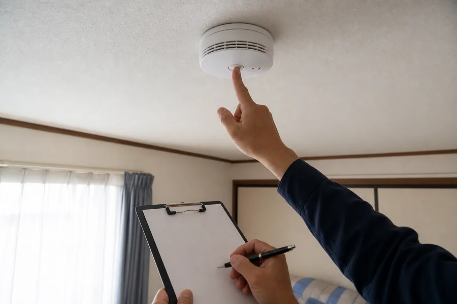 交換後の住宅用火災警報器のテスト音を家族が確認し、設置日をメモする場面