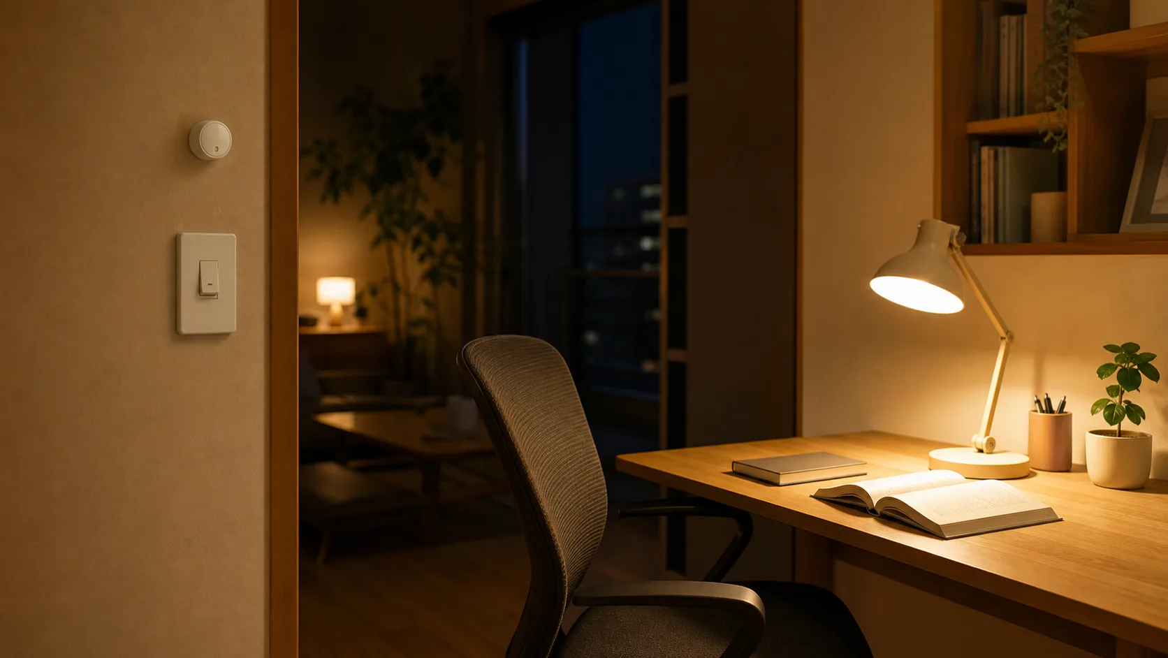 静かな夜の書斎で、手動スイッチと自動照明を併用するイメージ
