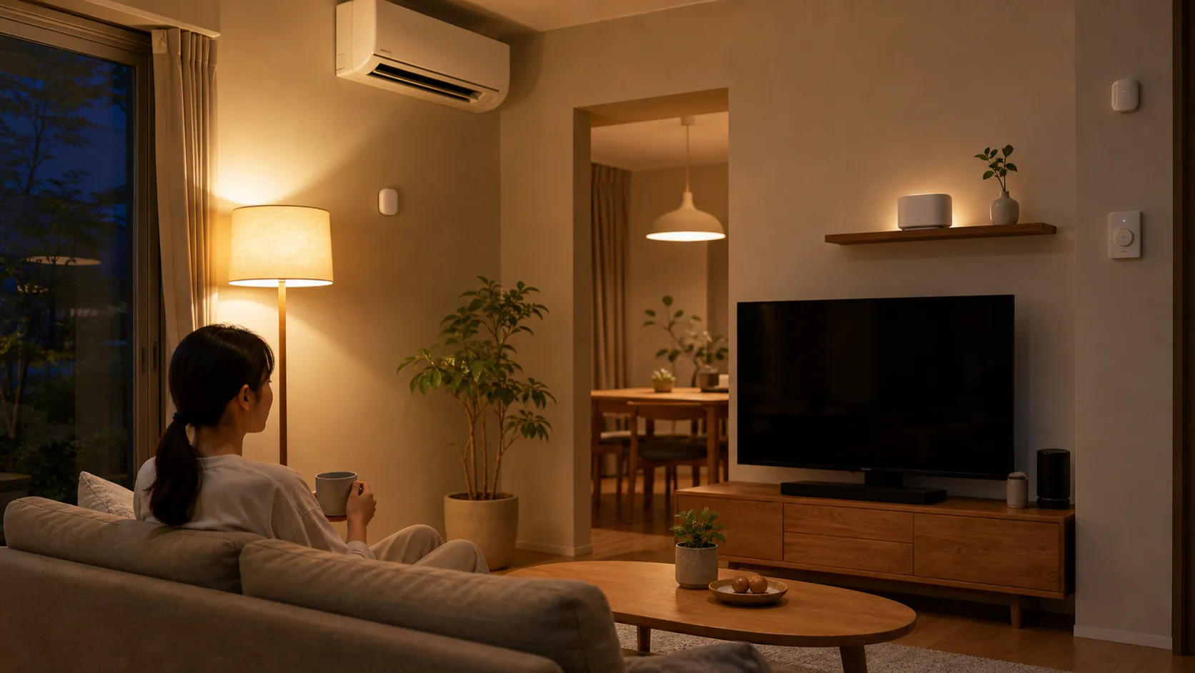 デスクライトだけを自動化する部屋と、Hubで複数の家電をまとめる部屋を対比したイメージ