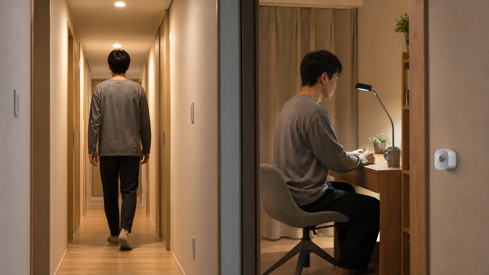 廊下を歩く場面とデスクに座る場面を対比した、センサーの使い分けイメージ