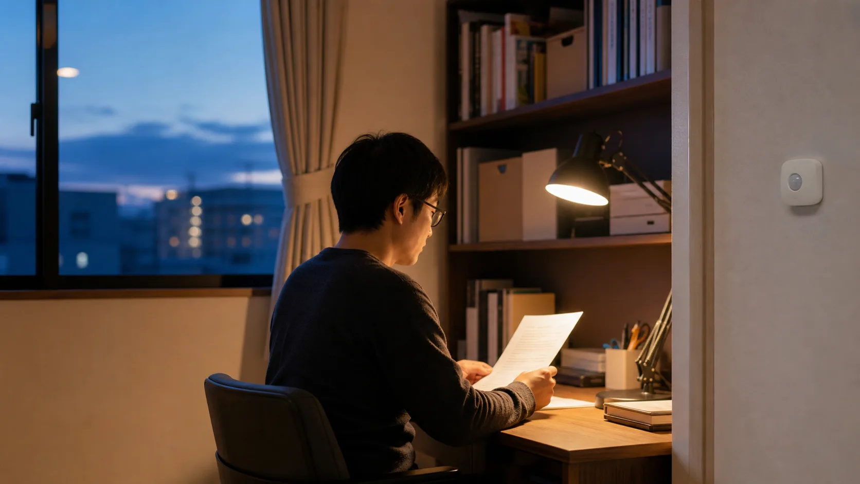 椅子に座って資料を読む人と、壁際の在室検知センサーがある書斎