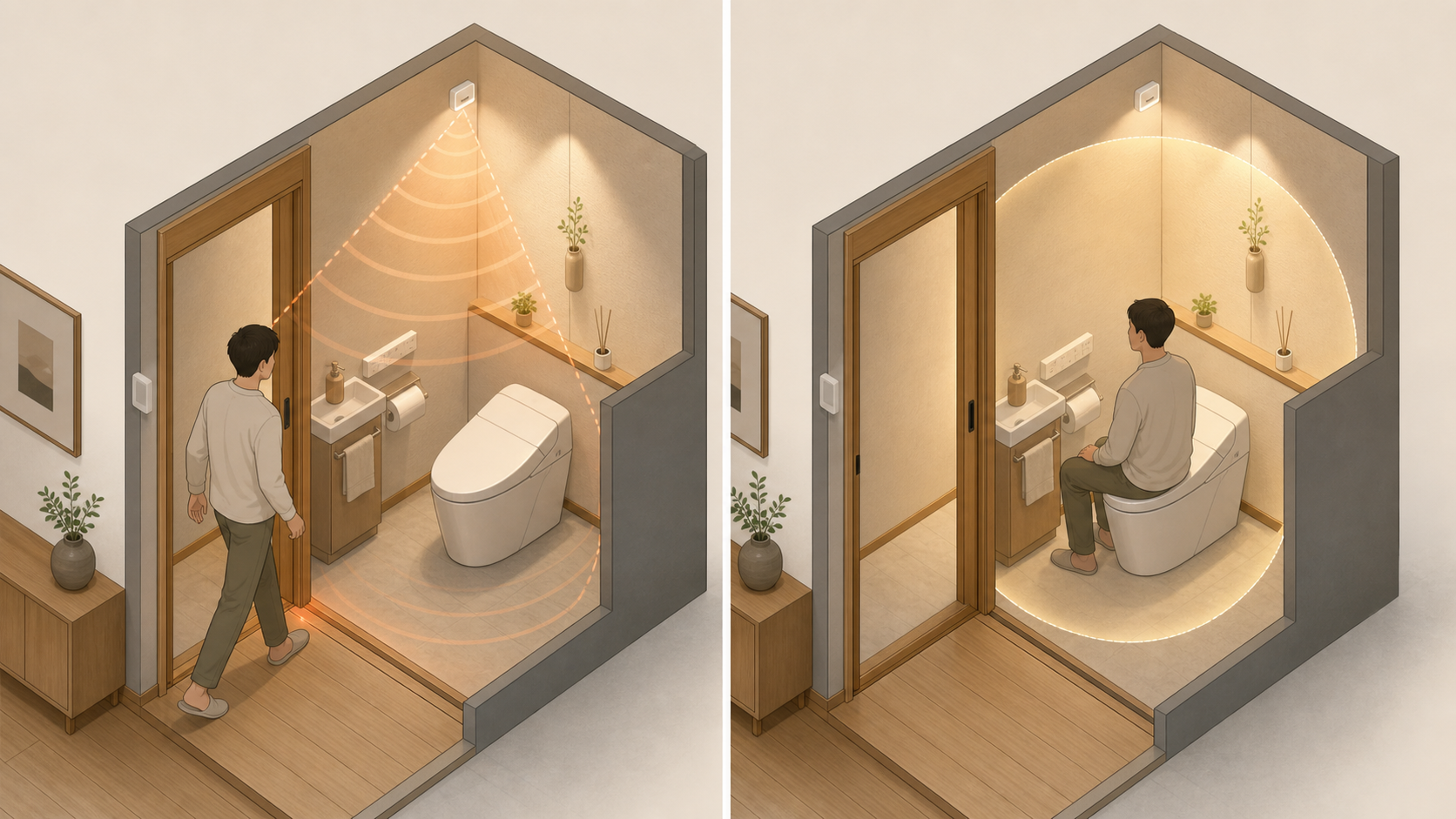 動体検知と静止した在室検知を同じトイレで見比べるイラスト