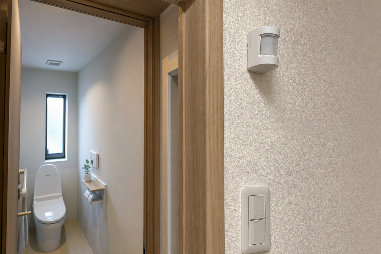 日本のトイレ入口へ向けて設置した小さなセンサーと壁スイッチのイメージ