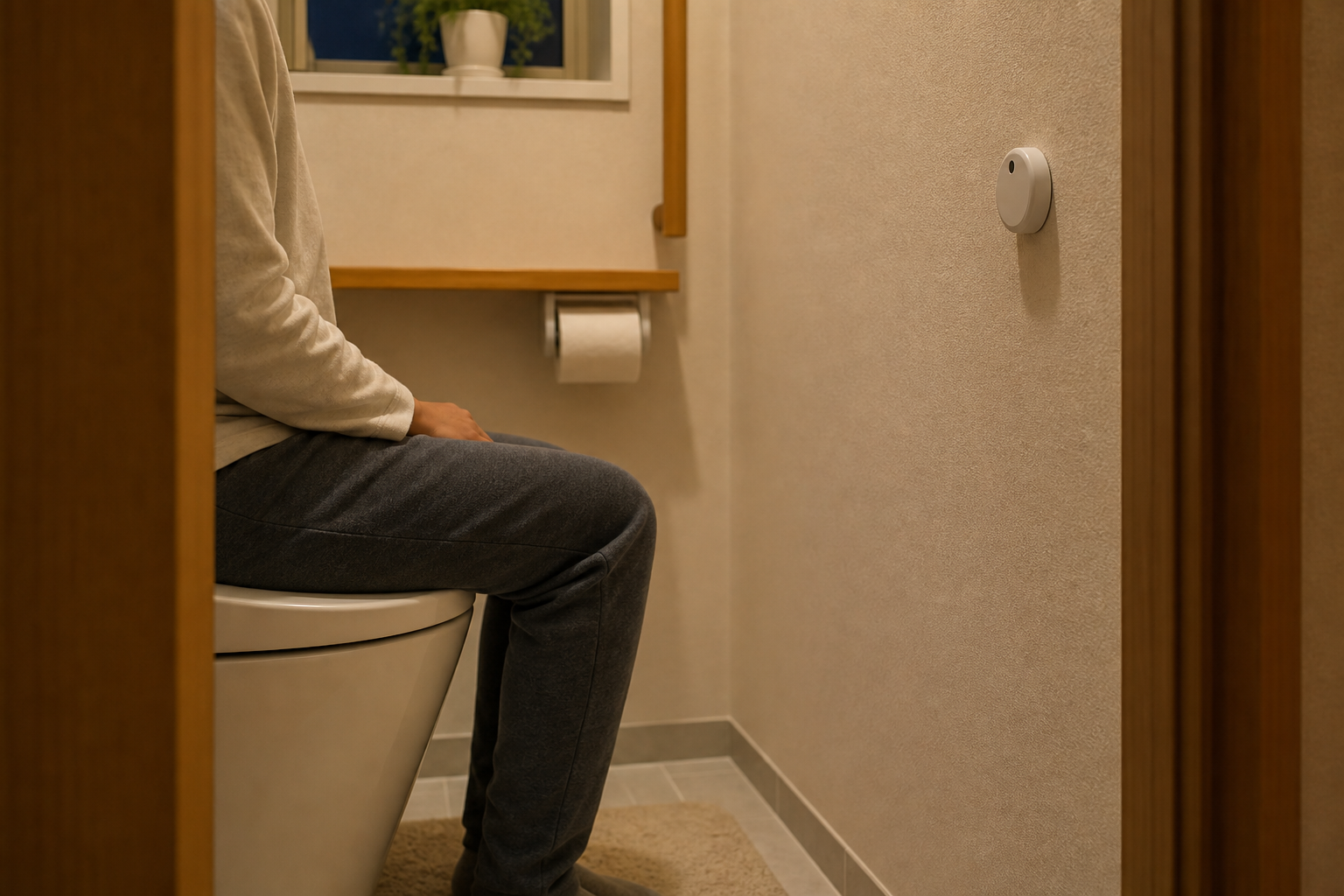 トイレの中で静かに座っている人と壁のセンサーを写した、静止検知のイメージ