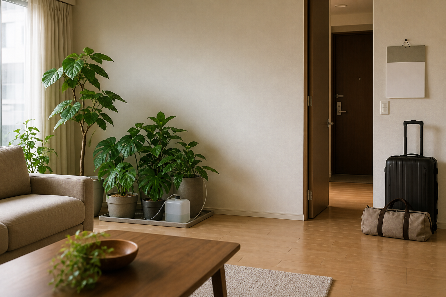 旅行前の日本のリビングで観葉植物と不在時の水やり道具を確認する様子