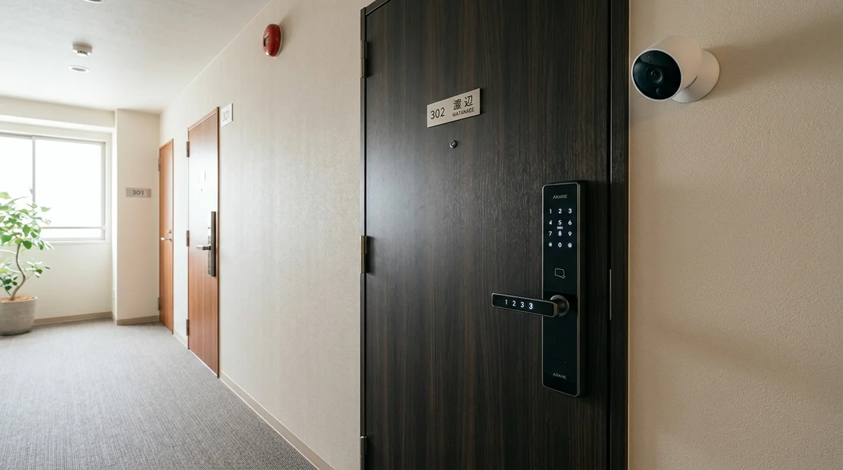 賃貸マンションの玄関に設置されたスマートロックと防犯カメラ