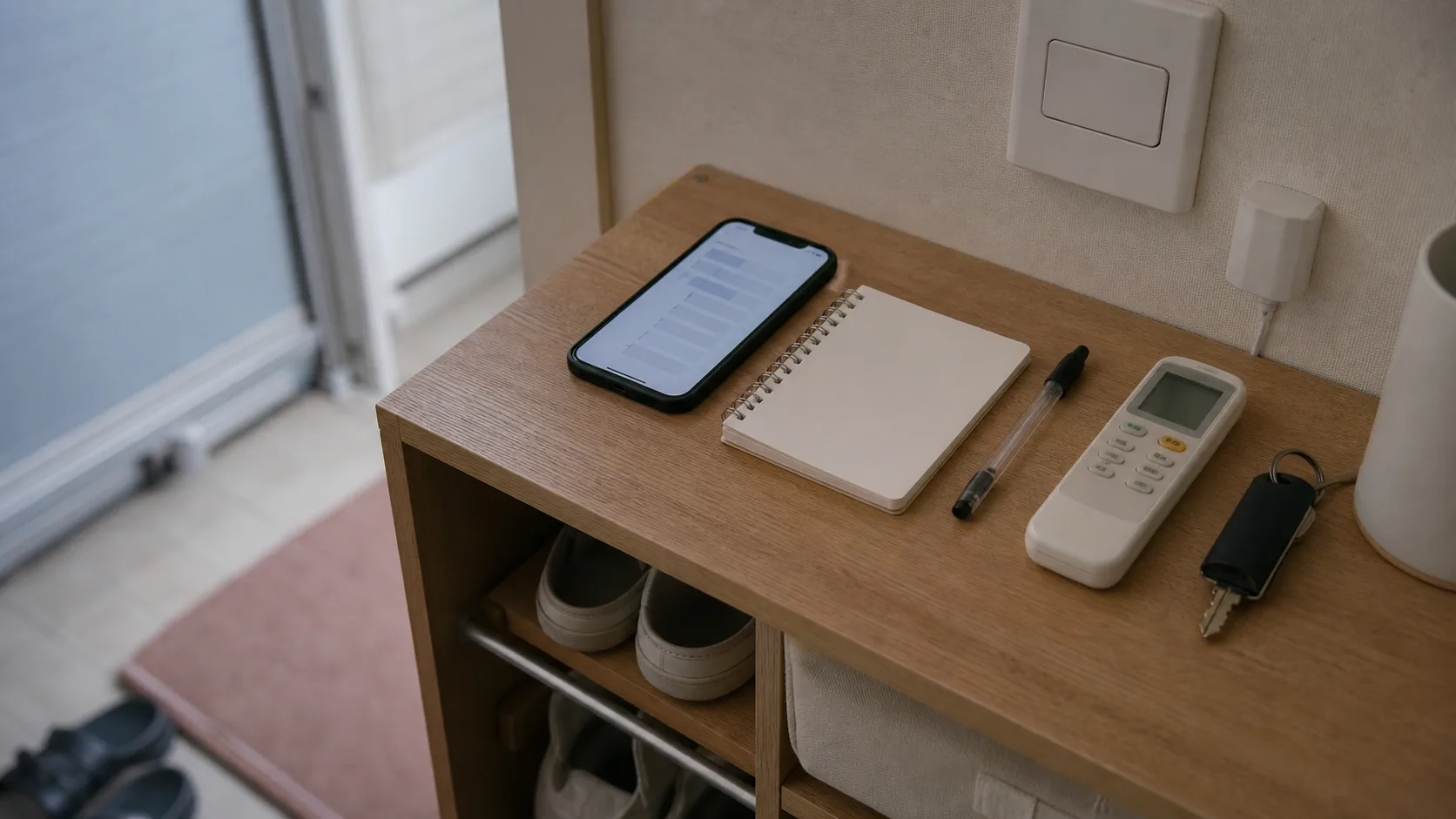 スマートホーム機器を買う前に、スマホとノートで条件を確認する場面