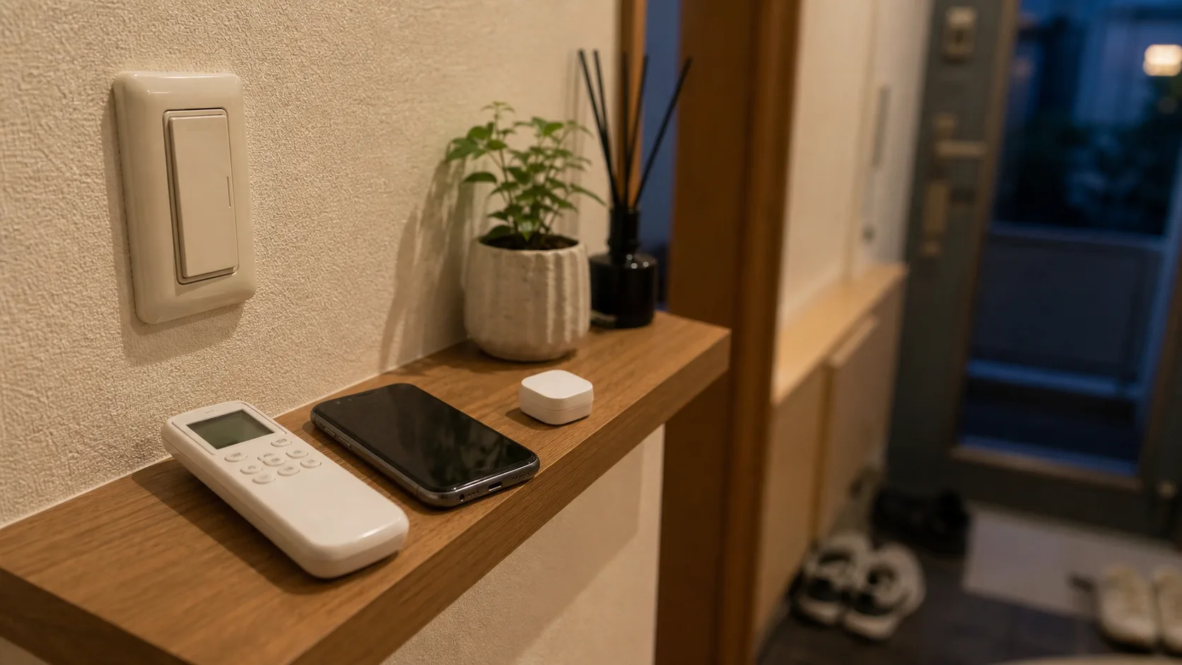 自動化が止まった時の手動リモコンとスマートフォンを玄関で確認するイメージ