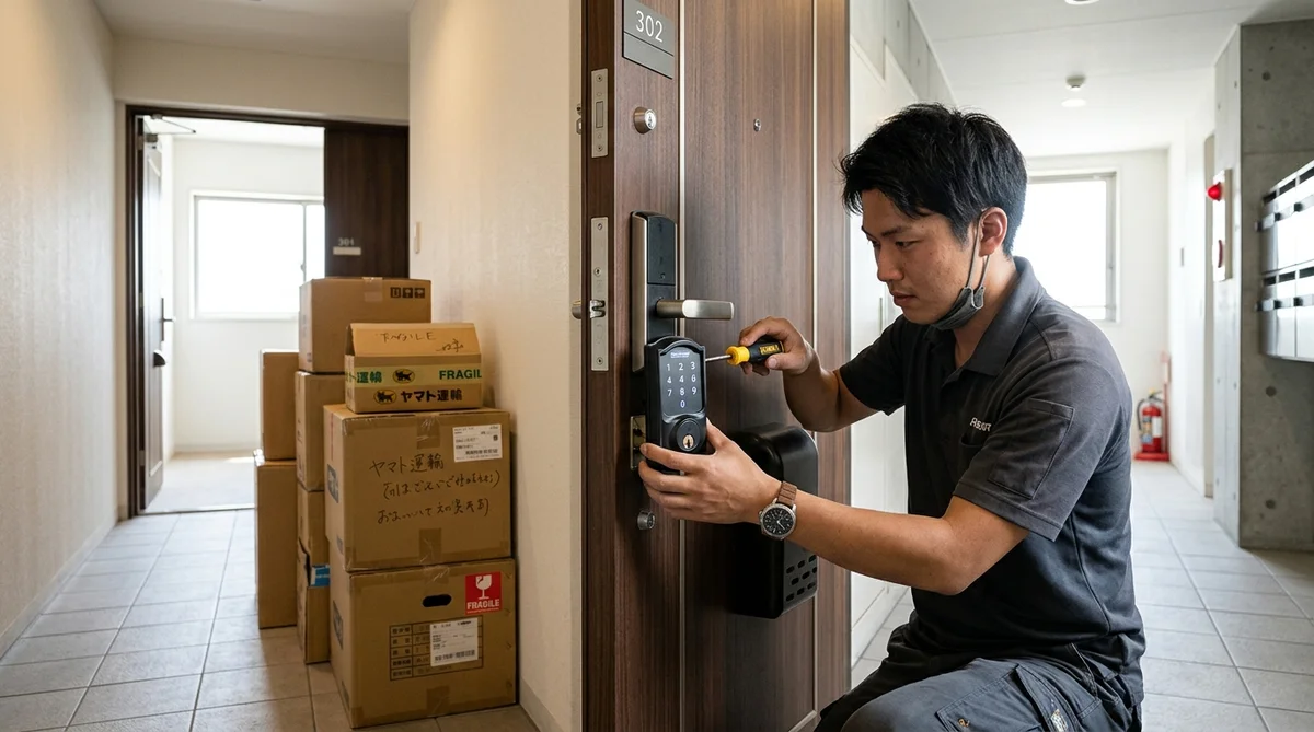 新居の玄関にスマートロックを設置する様子