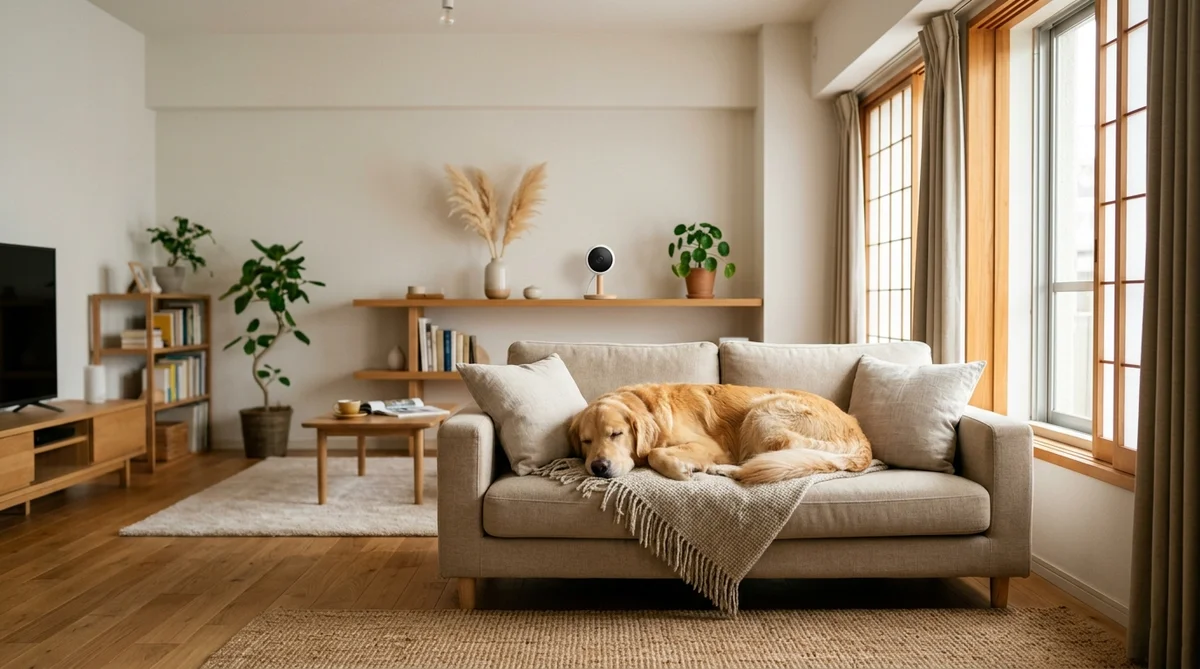 SwitchBot見守りカメラが設置されたリビングでくつろぐ犬