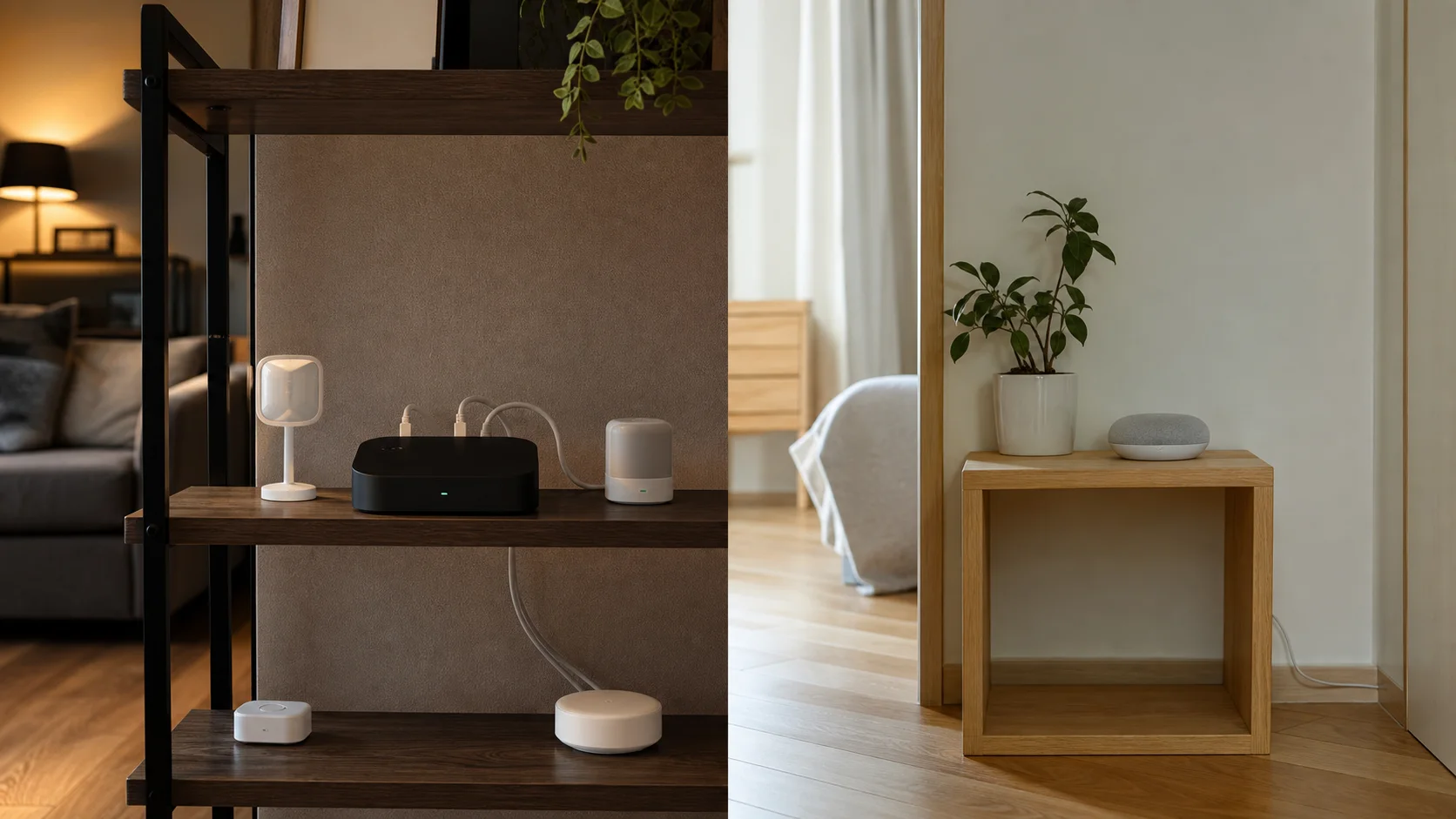 有線LANでハブを活用する家と、既存の機器だけで足りる家を対比したリビング