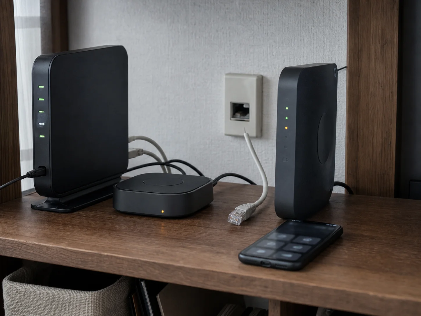 インターネット回線だけを外し、ルーターとスマートホームハブは通電したままのネットワーク棚