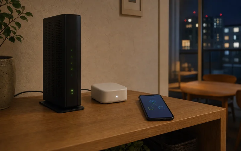ルーター、スマートホームハブ、スマートフォンを同じネットワークで確認するイメージ