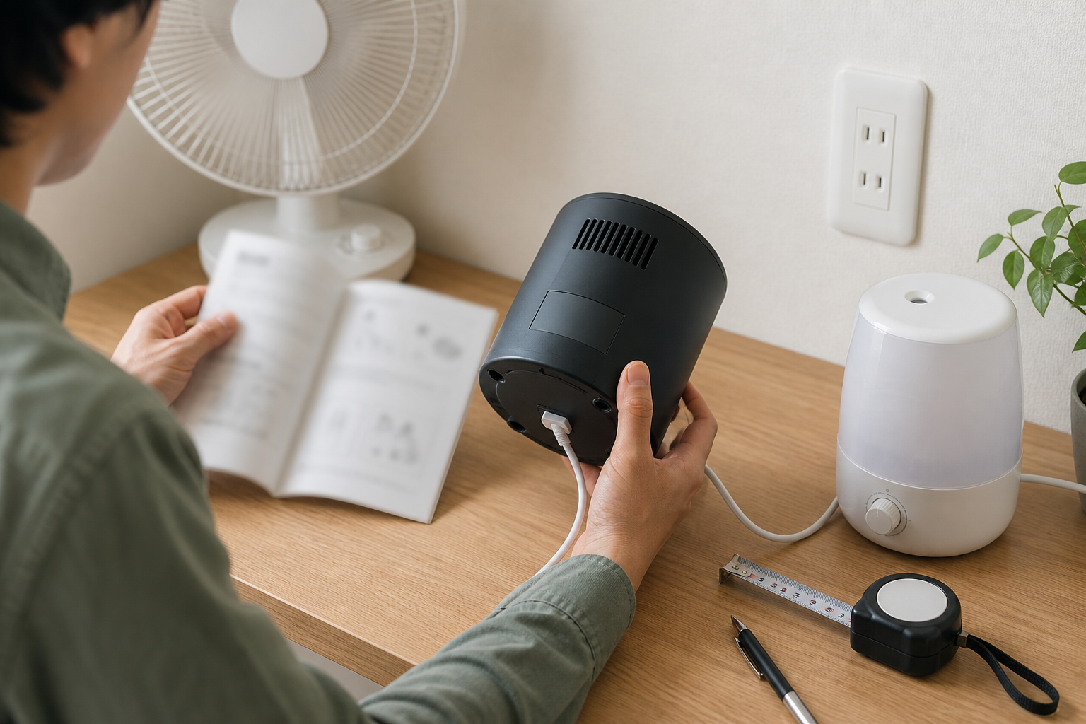 家電の取扱説明書と本体、コンセント位置を購入前に確認する場面