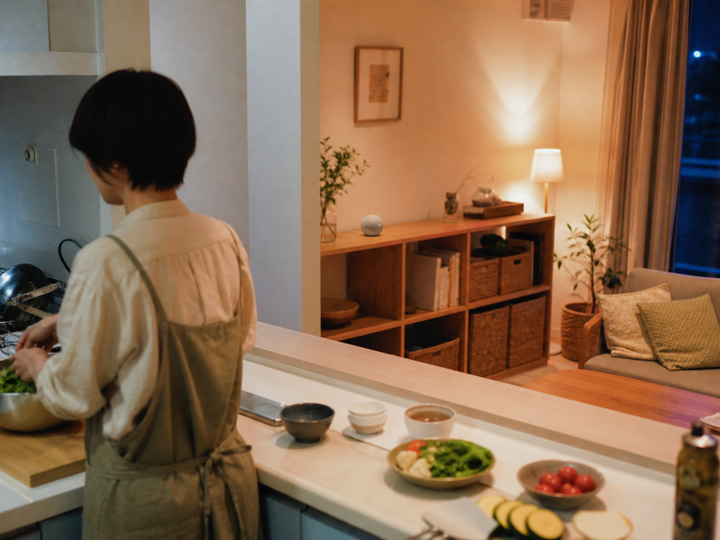 キッチンで食事を作る人とリビングの共用スピーカー