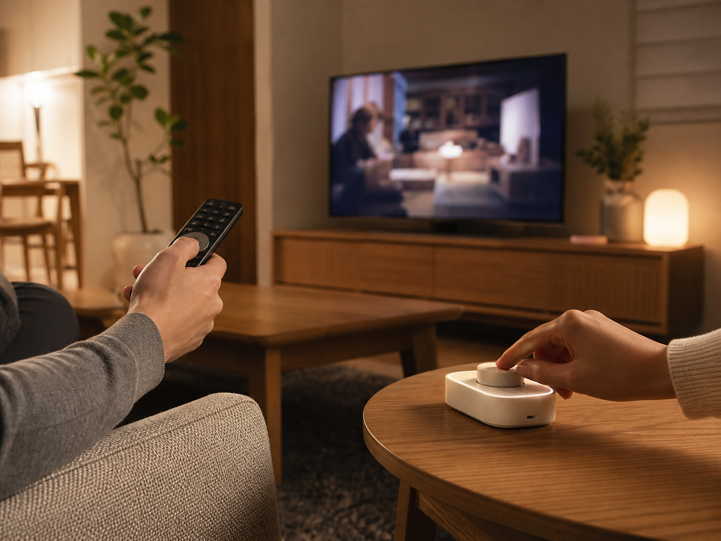 家族が物理リモコンとスマートホームコントローラーを使い分ける夜のリビング