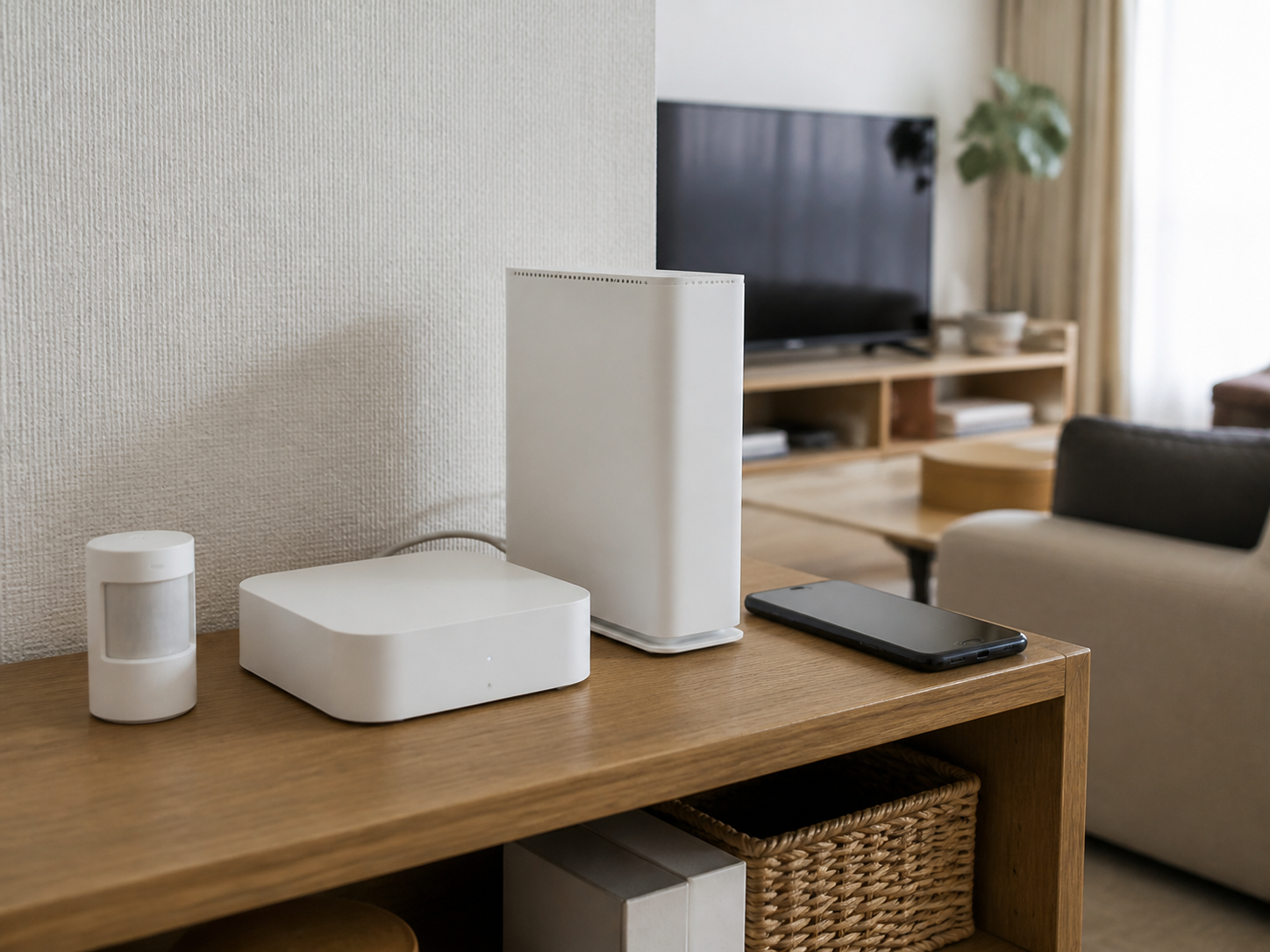 スマートリモコンとWi-Fiルーター、センサーを同じ棚に置く場面