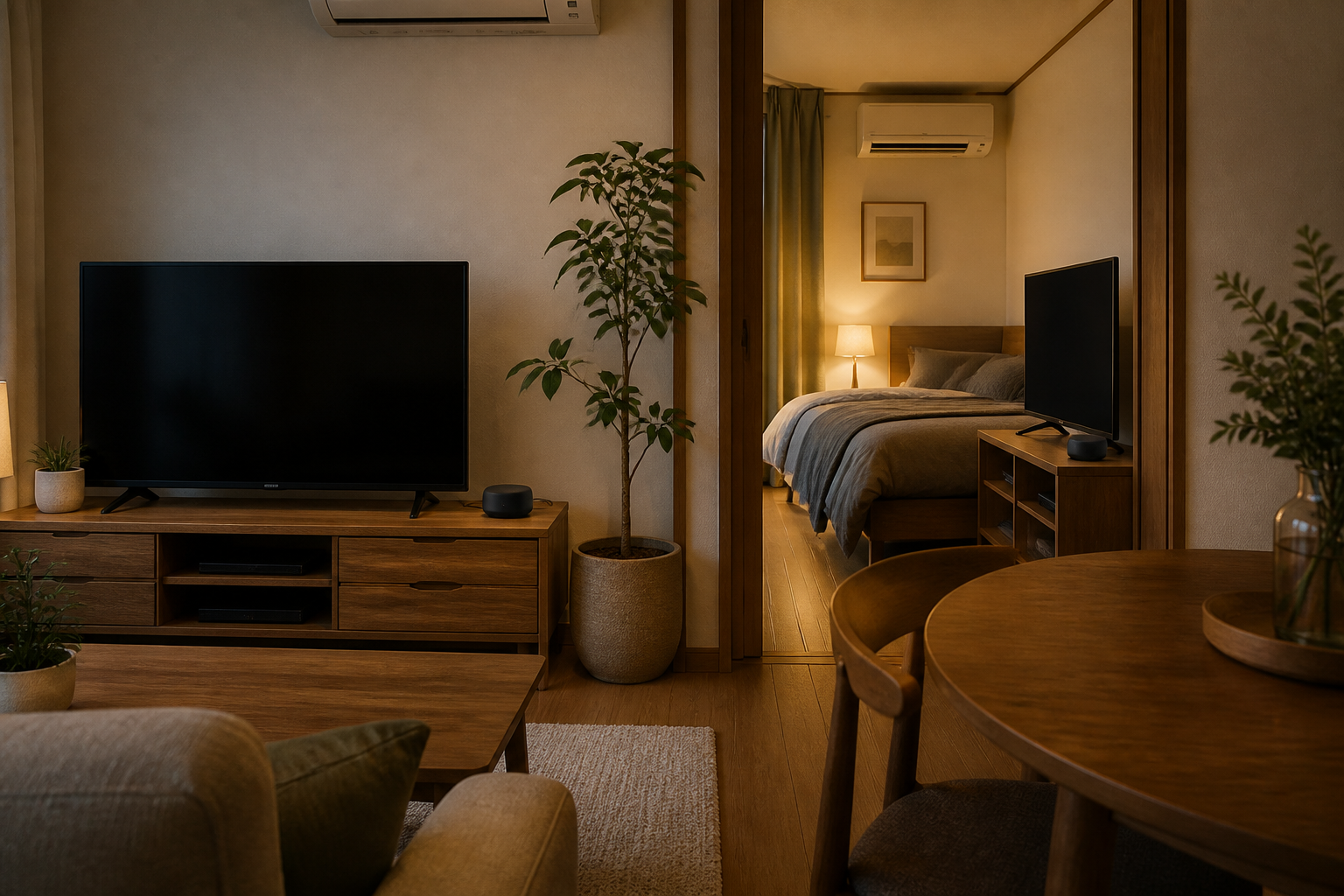 2部屋の家電とスマートリモコンの位置を見直した落ち着いたリビングのイメージ